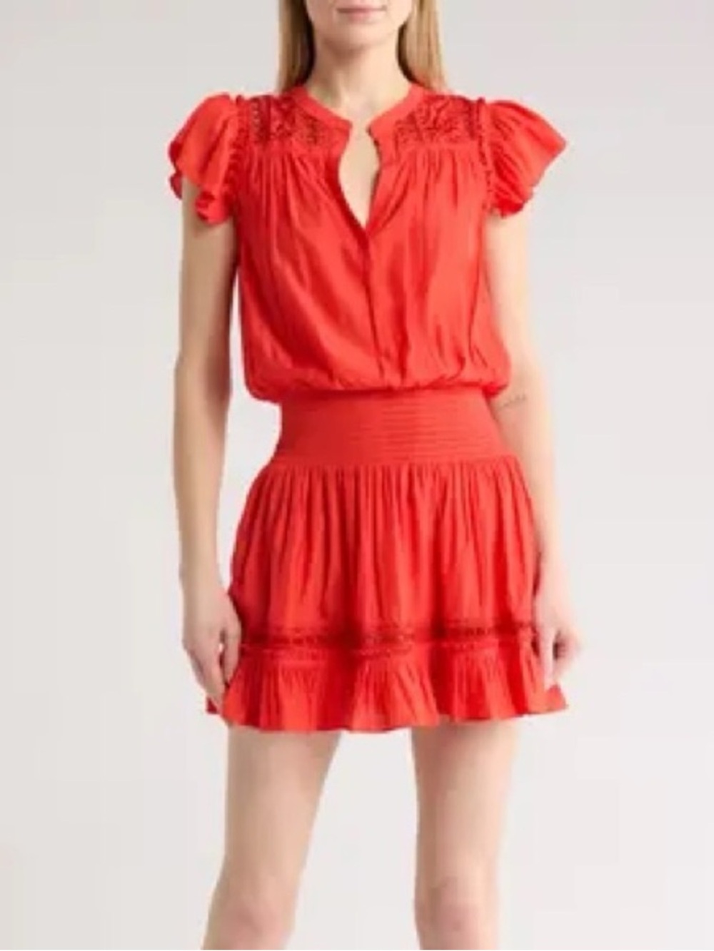 NEW Ramy Brook Marbelis Embroidered Tiered Dress Flame Orange Small